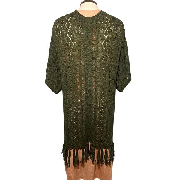 Rock & Roll Denim Olive Green Open Knit Fringe Cardigan Women’s Large Boho - Picture 2 of 11